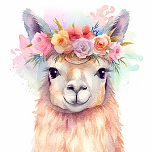 Cute llama alpaca in flower crown