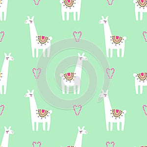 Cute llama with candy cane heart seamless pattern on mint green background.