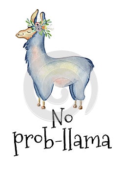 Cute Llama cartoon character watercolor illustration, Alpaca animal, hand drawn style. No prob llama