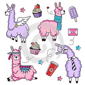 Cute llama characters set with doodles. Unicorn llama. Business