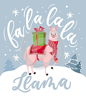 Cute llama Christmas card with lettering inscription photo