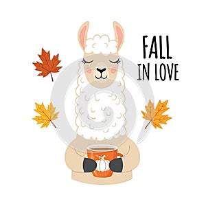 A cute llama enjoys autumn with a warm drink and colorful leaves, declaring to fall in love photo
