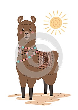 Cute llama with ethnic design elements.