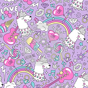 Cute llama pattern on a lilac background. Colorful trendy seamless pattern. Fashion illustration drawing in modern style for