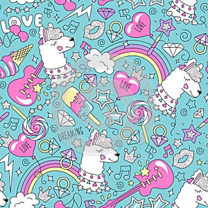 Cute llama pattern on a turquoise background. Colorful trendy seamless pattern. Fashion illustration drawing in modern style for