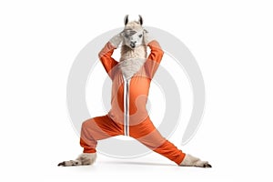 cute llama in sports clothes doing stretches, Generative AI