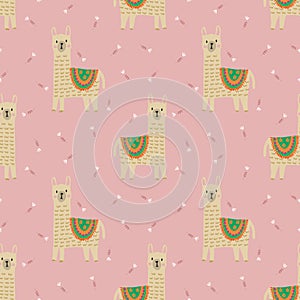 Cute llama on sweet pink flower seamless pattern