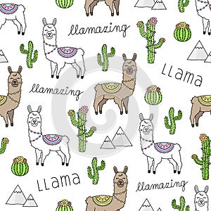 Cute llama vector outlined illustration seamless pattern