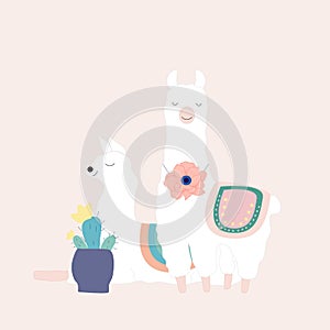 Cute llamas and succulents, vector illustration