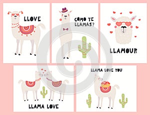 Cute llamas Valentines day cards set