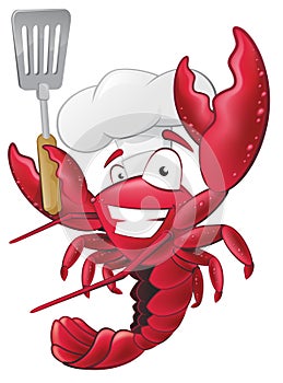 Cute Lobster Chef Character holding a Spatula.