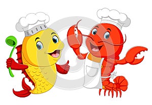 Cute lobster chef and fish chef cartoon
