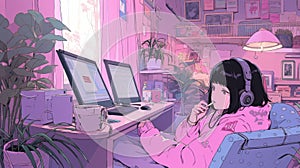 Cute LOFI Girl in a room illustration, anime manga style wallpaper background design, Generative AI