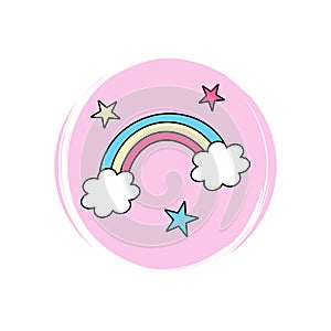 Cute logo or icon vector with rainbow and stars, illustration on circle with brush texture, for social media story and highlights