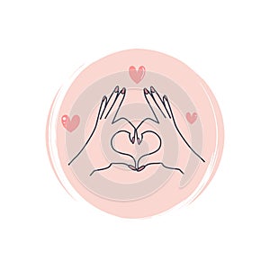 Cute logo or icon vector with romantic hands showing heart shape gesture, illustration on circle with brush texture, for social me