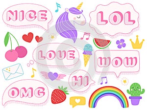 Cute lol stickers. Wow, omg and nice girls doll sticker. Funny surprise pink patches with dotted texture isolated vector photo