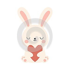 Cute lovable bunny with hart. Cartoon rabbit character for kids cards, baby shower, invitation, poster. Vector stock