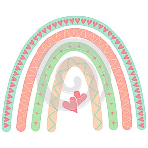 Cute love boho rainbow with hearts, vector illustration.