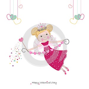 Cute love fairy tale holding hanging pink hearts and magic wand. Happy Valentine`s Day greeting card