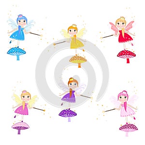 Cute love fairy tale holding hanging pink hearts and magic wand. Happy Valentine`s Day greeting card