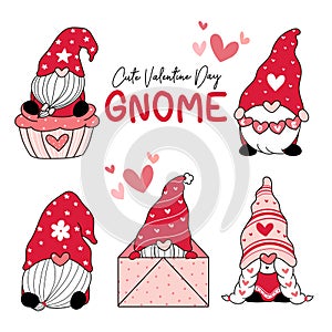 Cute Love Gnome Red Valentine with heart cartoon drawing clip art element collection, Valentine Gnome