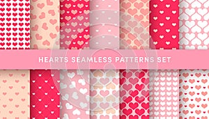 Cute love hearts seamless patterns set. Vector pink, red and white heart print. Valentines Day backdrop textures for