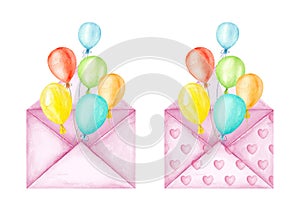 Cute love message envelopes. Multicolor balloons. Good news. Valentine`s Day. Watercolor illustration