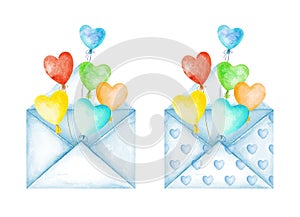 Cute love message envelopes. Multicolor heart balloons. Good news. Valentine`s Day. Watercolor illustration