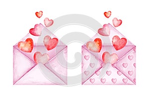 Cute love message envelopes. Pink and red heart balloons. Good news. Valentine`s Day. Watercolor illustration