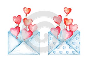 Cute love message envelopes. Pink and red heart balloons. Good news. Valentine`s Day. Watercolor illustration