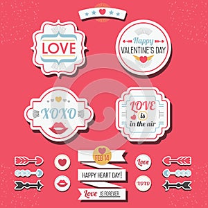 Cute Love and Valentine's Day retro stickers and labels set