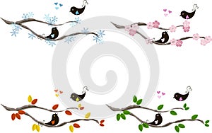 Cute lovebirds on branches, hearts, for seasons