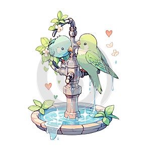 Cute lovebirds water fountain valentine's day design illustration