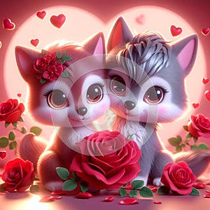 A cute and lovely baby wolf, with red rose flower petals, a heart-shaped in background, whimsical, cartoon