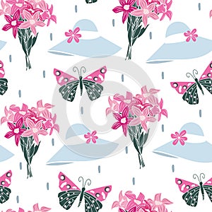 Cute lovely beautiful abstract seamless vector pattern background illustration with colorful butterflies, girly hats and flowers b