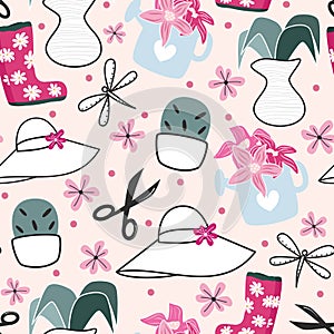 Cute lovely beautiful abstract seamless vector pattern background illustration with colorful plants, girly hats, scissors, dragonf