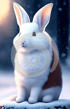 Cute and Lovely bunny sits on the snow in the forest in winter. Generative AI
