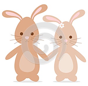 Cute lovely cartoon bunnies rabbits in love romantic illustration