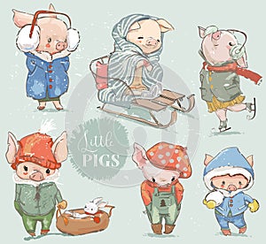 Cute lovely cartoon pigs vector collection