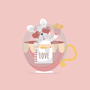 cute and lovely dog holding cupcake in pink cup, happy valentine\'s day, birthday, love concept