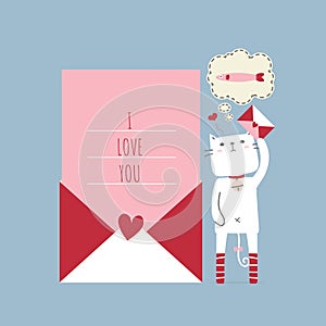 Cute and lovely hand drawn cat holding love letter, thinking about fish with heart, happy valentine`s day, love concept