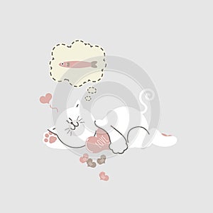 Cute and lovely hand drawn cat hugging heart and think about fish, happy valentine`s day, love concept