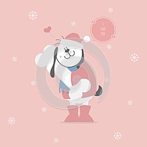 Cute and lovely hand drawn dog huging bone with heart, happy valentine`s day, love concept