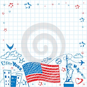 Cute and lovely hand drawn doodle ink cartoon poster with USA flag, ship, cities, Statue of Liberty on the notebook sheet