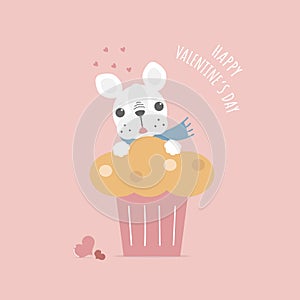 Cute and lovely hand drawn french bulldog pug with cupcake, love concept, happy valentine`s day, birthday