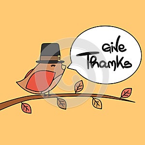 Cute lovely hand drawn lettering give thanks vector greeting card with little bird