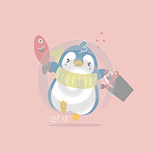 Cute and lovely hand drawn penguin holding fish with heart, happy valentine`s day, love concept