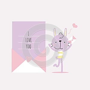 Cute and lovely hand drawn rabbit bunny holding love letter with heart, happy valentine`s day, love concept