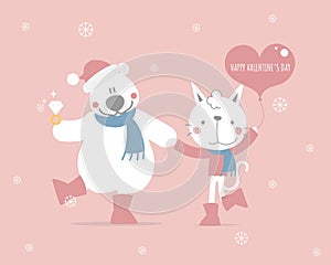 Cute and lovely hand drawn teddy bear holding diamond ring and cat holding heart balloon, happy valentine`s day, love concept