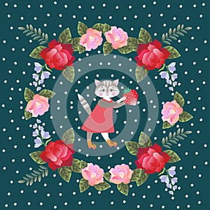 Cute lovely kitten with strawberry and wreath of red and pink roses and bells flowers on dark background.